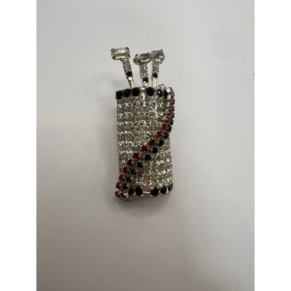 Vintage Dorothy Bauer Golf Bag Pin Rhinestone Red Black‎ Novelty Brooch 80s Chic